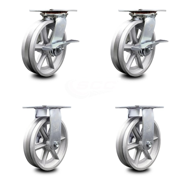 8 Inch V Groove Semi Steel Caster Set with Ball Bearing 2 Brakes and 2 Rigid SCC